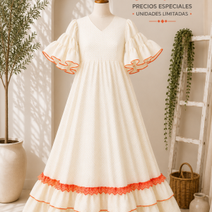 Traje beige y naranja
